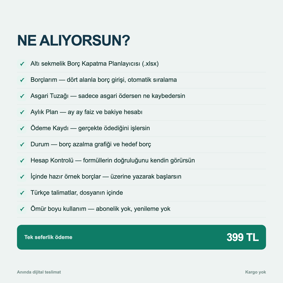 Ne alıyorsun — dosyanın tüm içeriği ve 399 TL fiyat